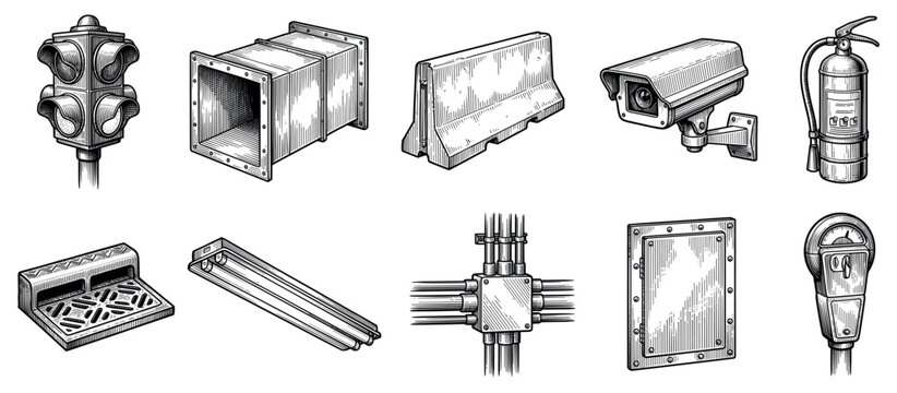 Urban infrastructure icons set. City elements and public utility concept. Includes traffic light, ventilation duct, concrete barrier, security camera, fire extinguisher, storm drain,