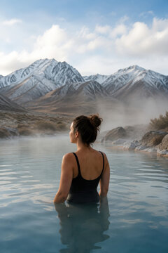 Woman relaxing in a mountain hot spring