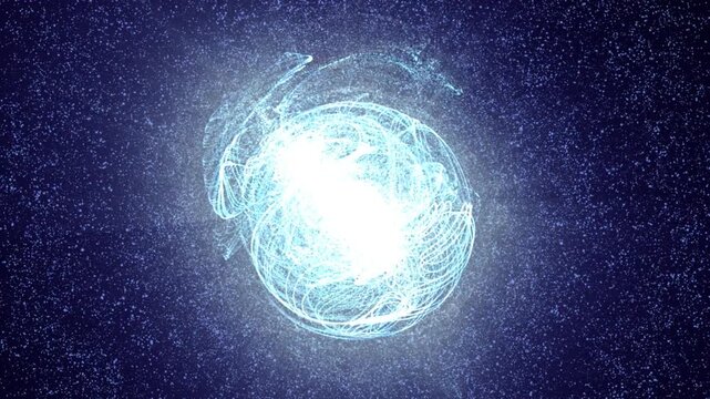Bright blue-white tangled light orb surrounded by tiny particles