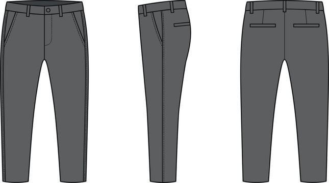Casual grey trousers pants fashion technical flat sketch vector template with front side back view for apparel design mockup