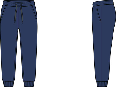 Casual navy blue jogger sweatpants fashion technical flat sketch vector template with front and side view for apparel mockup design