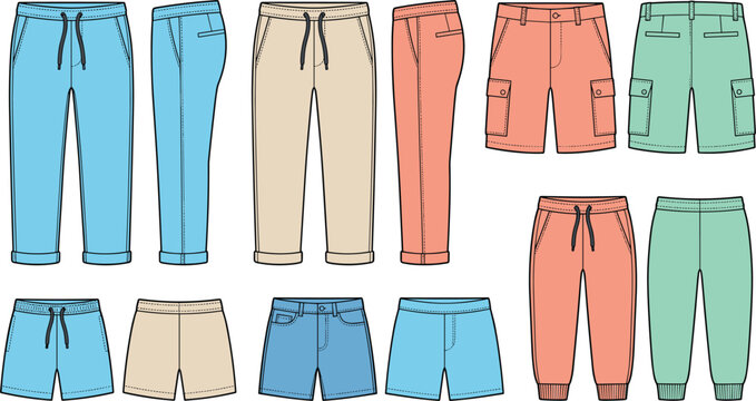 Casual pants and shorts fashion technical sketch vector template set with trousers cargo shorts joggers and sweatpants apparel design