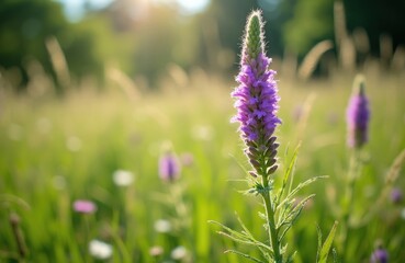 Obraz premium Purple veronica flower stands tall amid green meadow grass. Sunlight illuminates vibrant blooms in natural setting. Wild flora thrives, summer beauty. Peaceful scene evokes tranquility, growth.