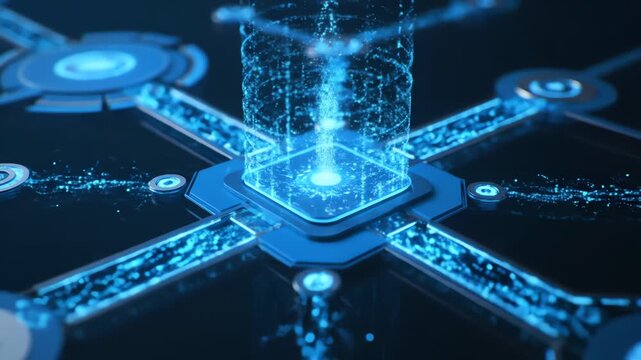 Abstract tech blue lines connect circular nodes, with a central glowing square