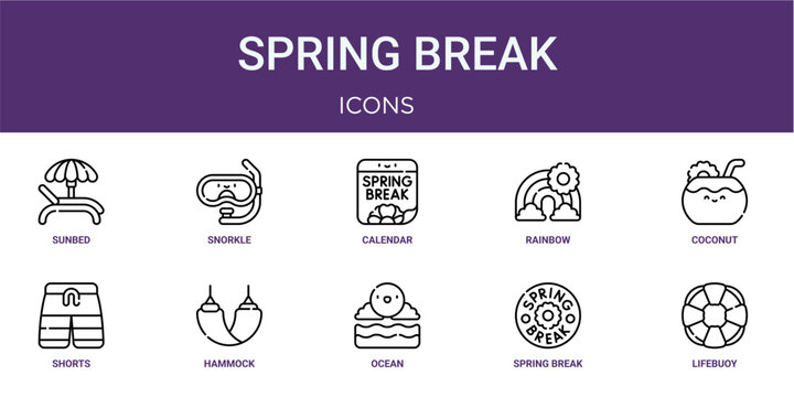 Set of 10 linear Spring Break icons for interface projects, presentations and web graphics. Outline symbol collection with snorkle, rainbow, shorts, ocean and spring break.