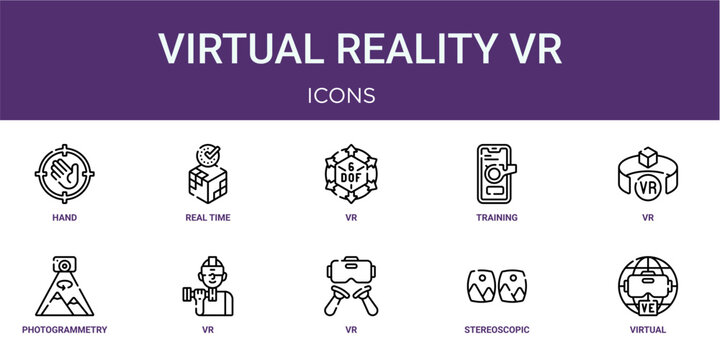 Set of 10 linear Virtual Reality VR icons for interface projects, presentations and web graphics. Outline symbol collection with real time, training, photogrammetry, vr and stereoscopic.