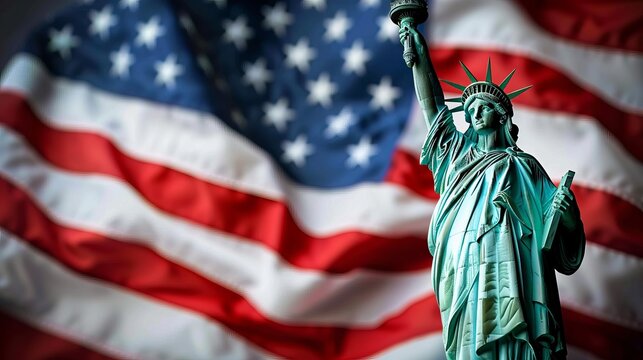 The statue of liberty standing tall with the american flag  a symbol of freedom and unity