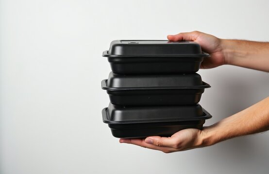 Hands hold stack of black meal prep containers. Takeaway food boxes for delivery service or home cooking. Disposable packaging for lunches or dinner.