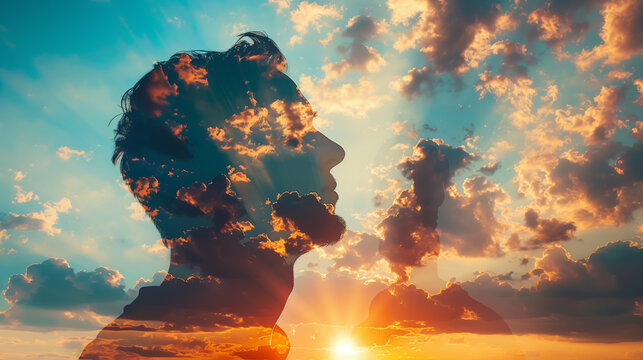 Double exposure portrait, man and nature silhouette, conceptual inner peace, reflective mind photography, artistic double exposure, nature inside head, serene thoughts concept, mal