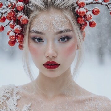 Young woman with red lips and snow-covered hair in winter landscape  