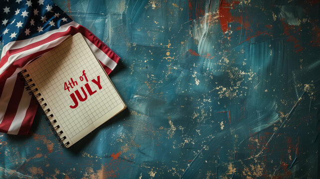 4th of July celebration planning, American flag and notebook, Independence Day concept, holiday preparation background, US patriotic office supplies, writing 4th of July, American