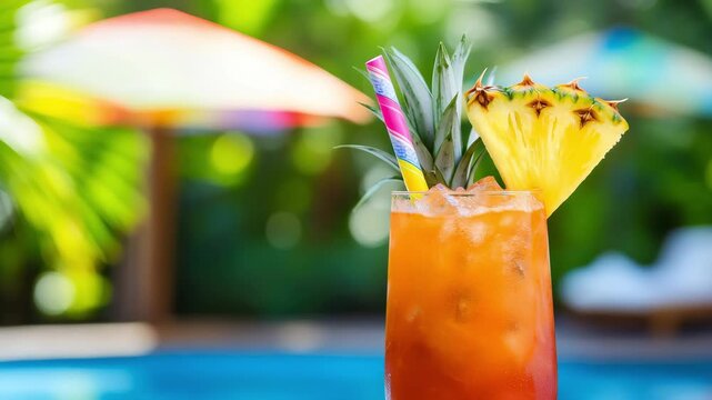 Tropical cocktail with pineapple by a pool