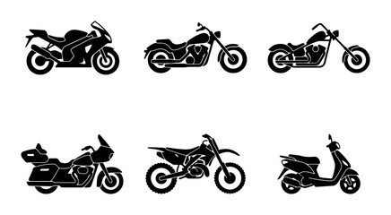Diverse Motorcycle Silhouettes Collection, Six Vector Icons: Sportbike, Cruiser, Chopper, Touring, Dirt Bike, Scooter © Farjana