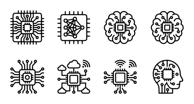 AI Technology Icons Set, Artificial Intelligence Brain Chip Circuitry, Neural Network & Cloud Computing Vector Graphics