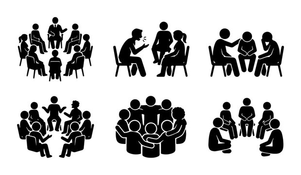 Diverse Group Discussions, Support Circles, Team Collaboration Icons Set, Human Interaction Silhouettes