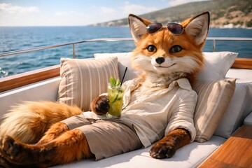 Fototapeta premium Relaxed fox enjoying refreshing mint cocktail on luxury yacht with scenic ocean view concept of leisure, anthropomorphic art, summer vibes