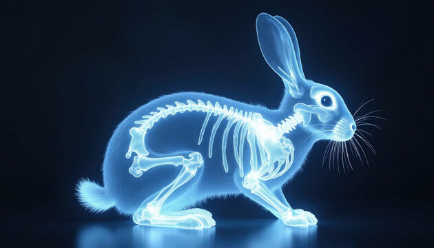 Glowing blue x-ray illustration shows rabbit skeleton structure. Neon light highlights bone system of cute pet animal. Fur texture visible on dark background.