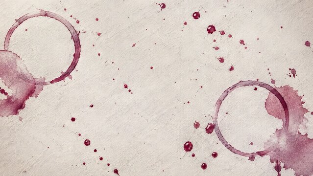 Red wine stains and glass rings on a textured white paper background. Artistic abstract composition with spilled drink marks. Grunge design element for beverage and culinary concept