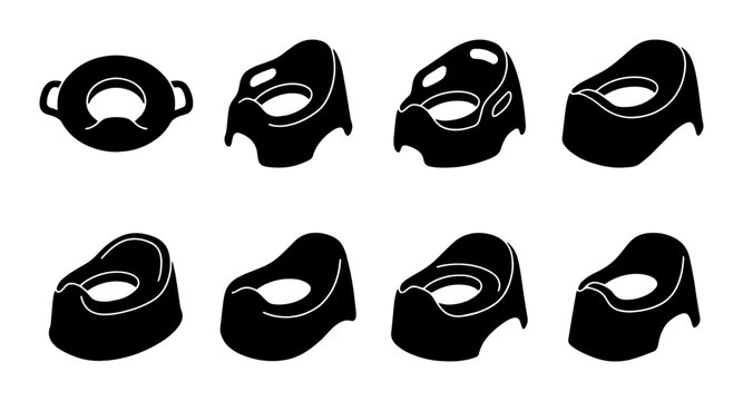 Potty Training Set, Toddler Toilet Seat Collection, Baby Potty Chair Icons, Child Hygiene Vector Graphics