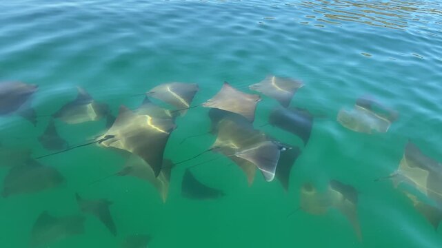A school of rays gliding beneath the crystal-clear waters of the Sea of Cortez, viewed from above the surface. The transparent turquoise water reveals the graceful movement of the rays.