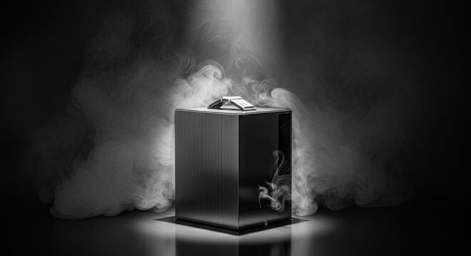 Mysterious box surrounded by smoke illuminated with dramatic lighting