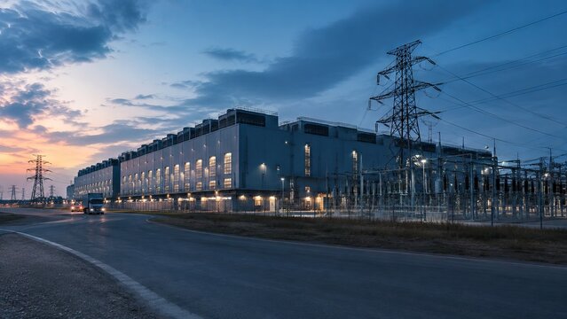 Data centers and energy demand depicted at dusk with industrial infrastructure and power lines highlighting modern architecture and technology.