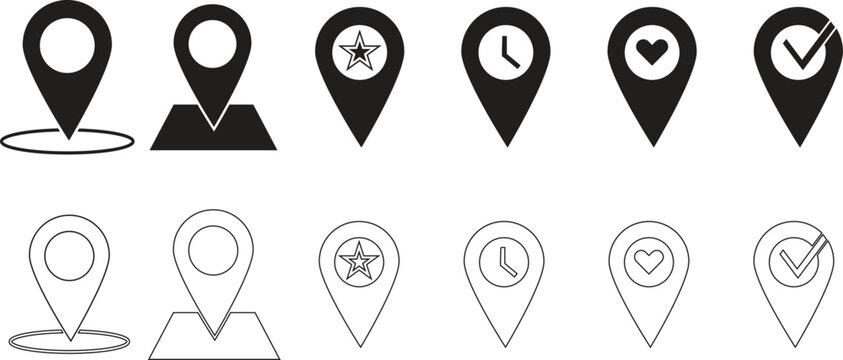 Map Pin Location Pointer Icon Set in Solid and Outline Vector