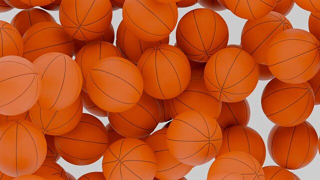 Basketball balls falling and filling the screen. 3D render animation of basketballs on white background. Sports and tournament concept.