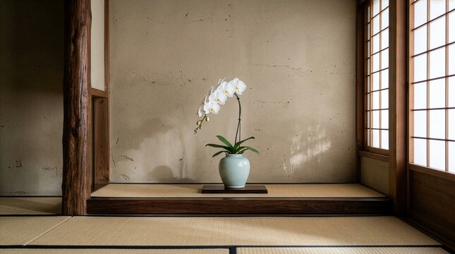 Japanese Alcove Tokonoma with White Orchid in Celadon Vase and Shoji Light Zen Interior