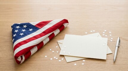 Obraz premium Folded United States flag with blank greeting card and pen on wooden table. Patriotic stationery for Independence Day celebration. Minimalist festive arrangement for holiday message