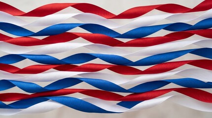 Fototapeta premium Red white and blue satin ribbons arranged in wavy pattern. Decorative background for Independence Day celebration. Festive textile texture for national holiday and patriotic event, copy space