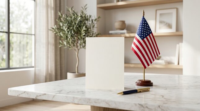 Blank paper card standing next to miniature American flag on marble table. Mockup for Independence Day greeting or office stationery with patriotic decor in home interior. 180 chars
