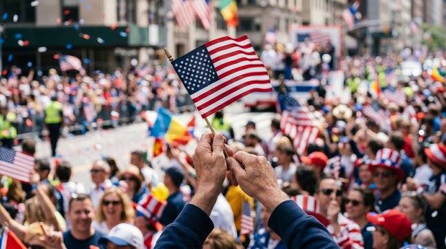 Woman holding American flag high at Independence Day parade. Crowd of people cheering and celebrating during 4 July holiday. National patriotic event with urban street festival setting