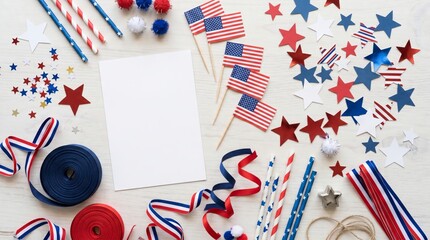 Obraz premium Blank paper invite surrounded by American flags and festive stars for Independence Day celebration. Flat lay of patriotic party decor with ribbons and paper straws on white wood table