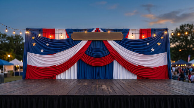 Patriotic outdoor stage with red white blue draped curtains and blank wooden sign mockup. Concept of American Independence Day ceremony, Fourth of July concert, summer festival, copy space