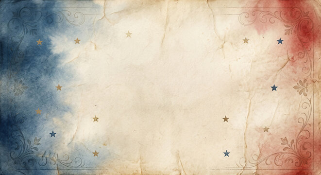 Vintage American patriotic background with aged paper texture, red blue watercolor stains, stars and ornamental border. American Independence Day invitation, Fourth of July poster, copy space