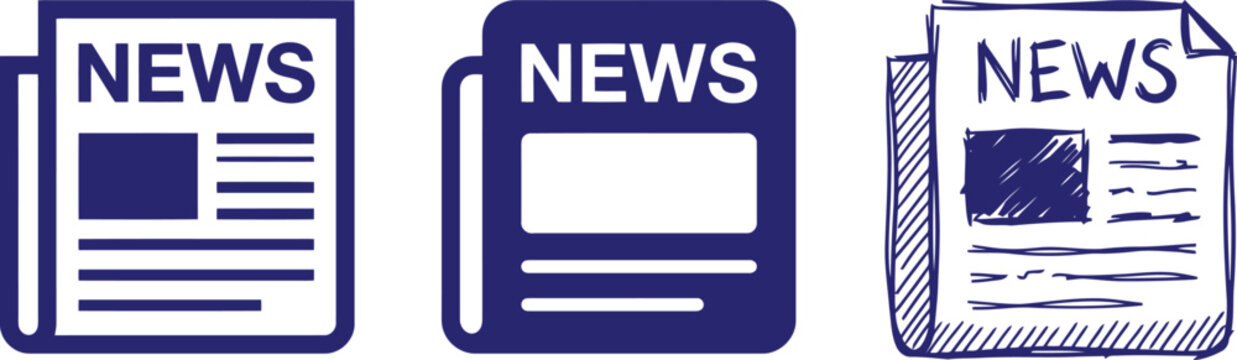 Newspaper icon set featuring flat vector and hand drawn sketches