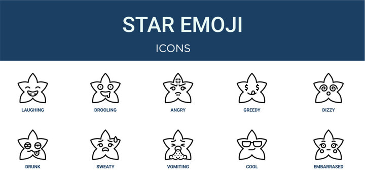 Set of 10 outline web Star Emoji icons such as embarrased, cool, vomiting, sweaty, drunk, dizzy, greedy vector icons for report, presentation, diagram, web design, mobile app