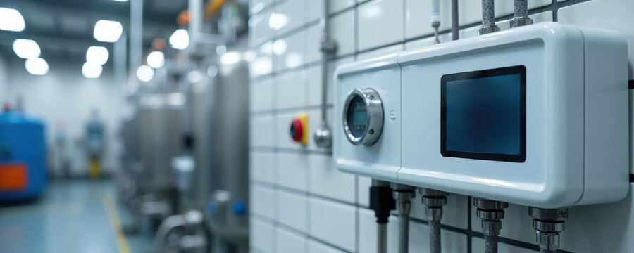 Water quality monitor system with digital display, sensor probe in industrial facility. Measures pH, TDS, chlorine levels using advanced tech. Automation, control equipment for process management.