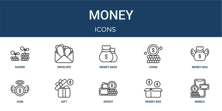 Set of 10 outline web Money icons such as mobile, money box, invest, gift, coin, money bag, coins vector icons for report, presentation, diagram, web design, mobile app