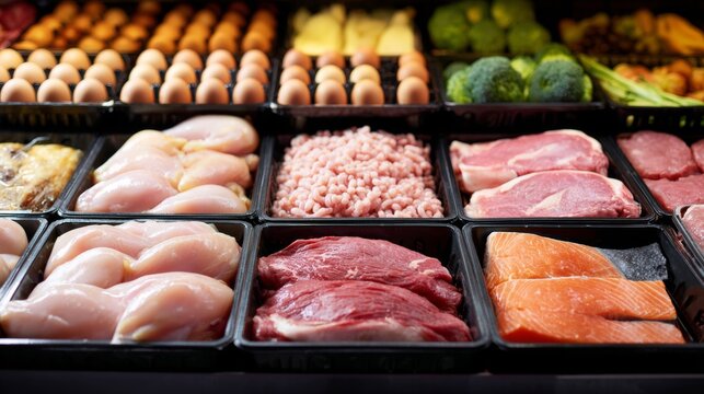 Fresh Meat and Poultry Selection Display in Market Counter