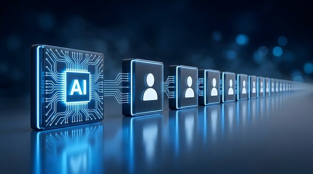Artificial intelligence chip connected to a line of user profile icons representing data processing and human resource management.