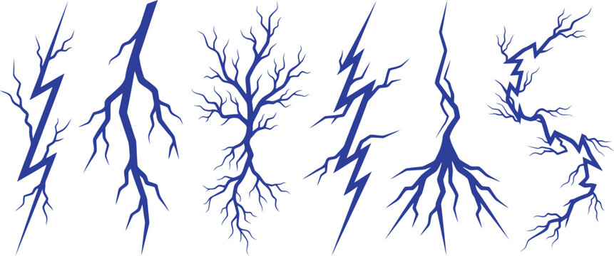 Blue lightning bolt shapes set isolated on a white background