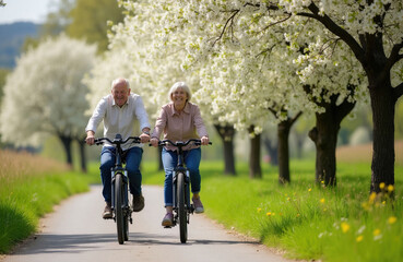 Fototapeta premium Joyful elderly pair rides electric bikes through vibrant spring landscape. Blooming trees line path beside rape field. Active seniors enjoy outdoor recreation, embrace healthy lifestyle together.