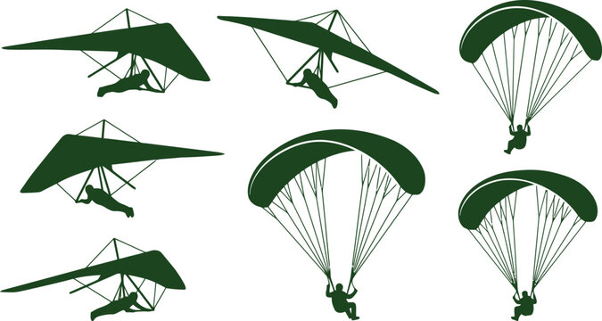 Hang gliders and paragliders silhouettes collection in flat green design