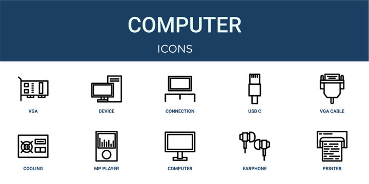 Set of 10 outline web Computer icons such as printer, earphone, computer, mp player, cooling, vga cable, USB c cable vector icons for report, presentation, diagram, web design, mobile app