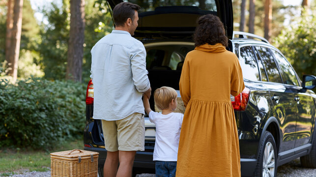 Family packing a car for a summer outdoor adventure, road trip and active vacation concept, with copy space