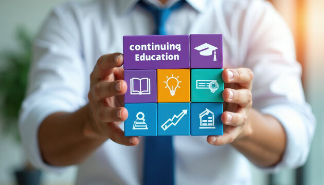 Person holds colorful blocks with icons representing learning. One block says continuing education. This signifies personal growth and pro advancement.