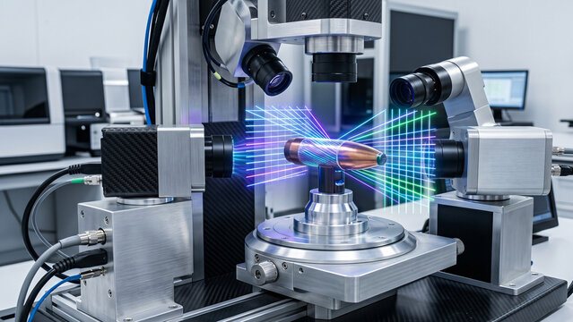 HDR photography of a copper bullet in an automated 3D scanner projecting a glowing neon linear abstract analysis grid
