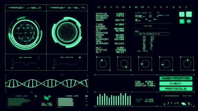 Futuristic digital interface HUD monitor displaying complex data motion video